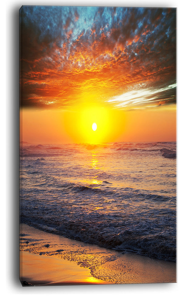 "Bright Sunset Over Blue Waters" Modern Beach Canvas Art Print, 20"x40"