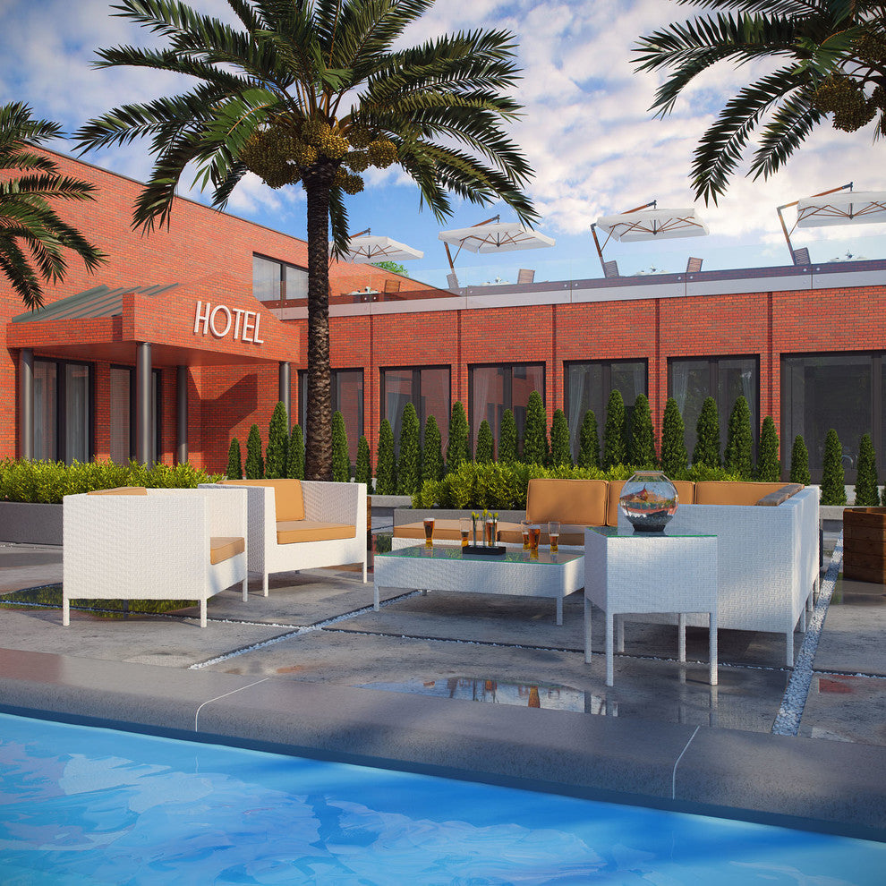 Modern Urban Outdoor Patio Rattan and Wicker 9 Pieces Sectional Set, White Mocha