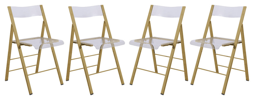 LeisureMod Menno Clear Acrylic Dining Folding Chair With Gold Base, Set of 4