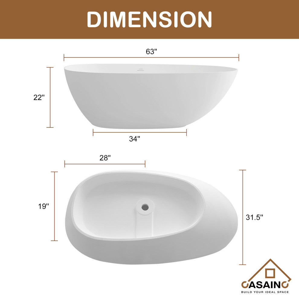 71in White Solid Surface Oval Freestanding Soaking Bathtub with Drain, 63in