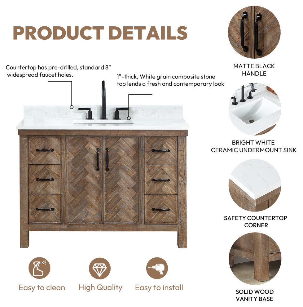 Javier Bath Vanity, Composite Stone Top, Antique Gray, 48", Single Vanity, No Mirror