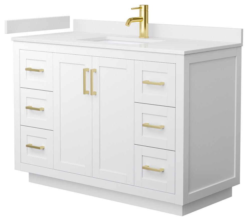 48" Single Bath Vanity, White, White Cult. Marble Countertop, Sink, Gold Trim