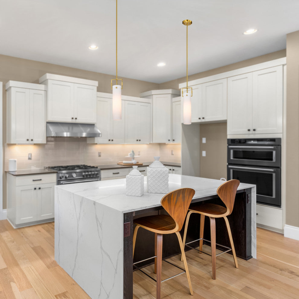 1-Light Gold Mini Pendant With White Cylindrical Glass Shade