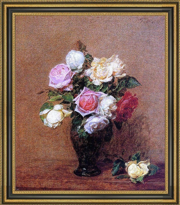 Henri FantinLatour Roses Framed Premium Canvas Print, 16"x20"