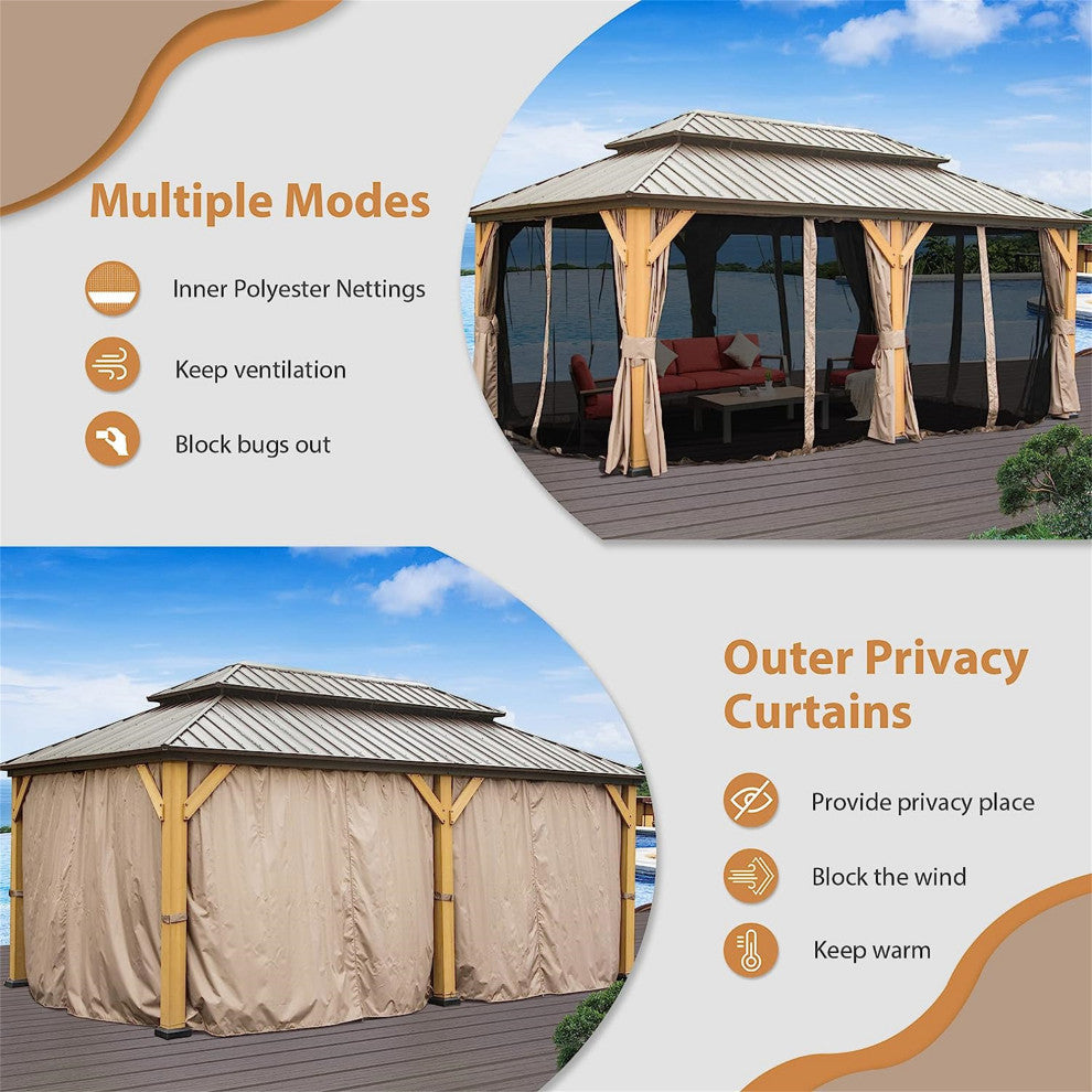 Cedar Wood Gazebo with Galvanized Steel Double Roof, 12'x20'