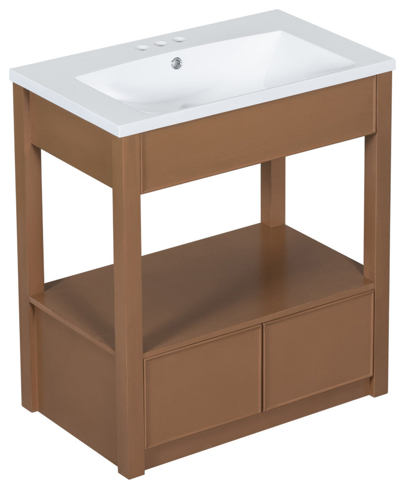 GDF Studio 30"W Vanity With Ceramic Sink, Open Shelf & Two Drawers, Brown