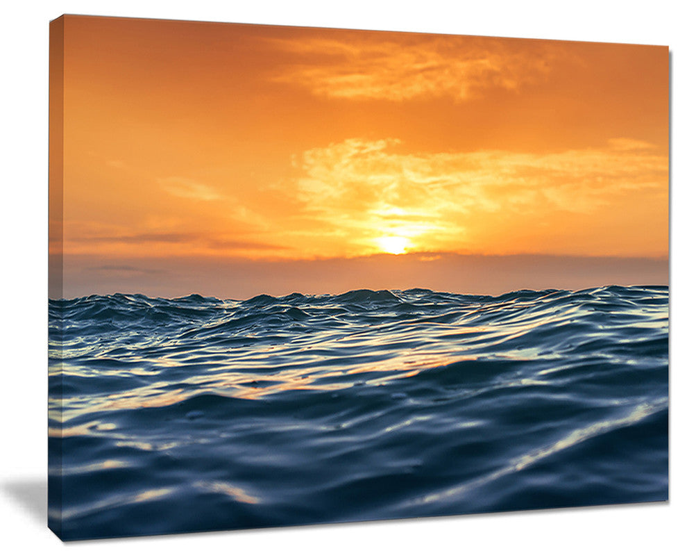 "Blue Waves Dancing At Yellow Sunset" Beach Canvas Wall Art, 20"x12"