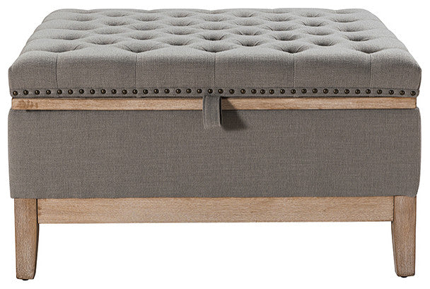 Upholstered Storage Cocktail Ottoman With Solid Wood Legs, Gray
