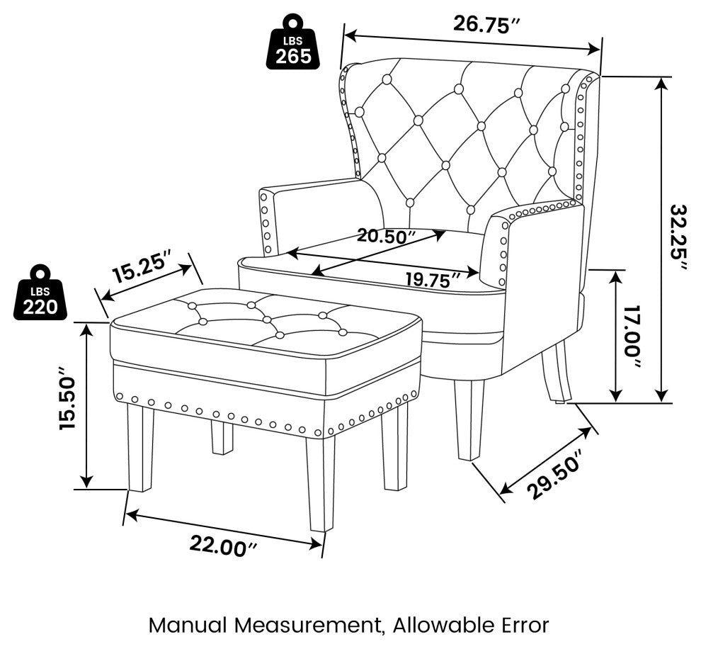 Set of 2 Accent Chair and Accent Stool, Black
