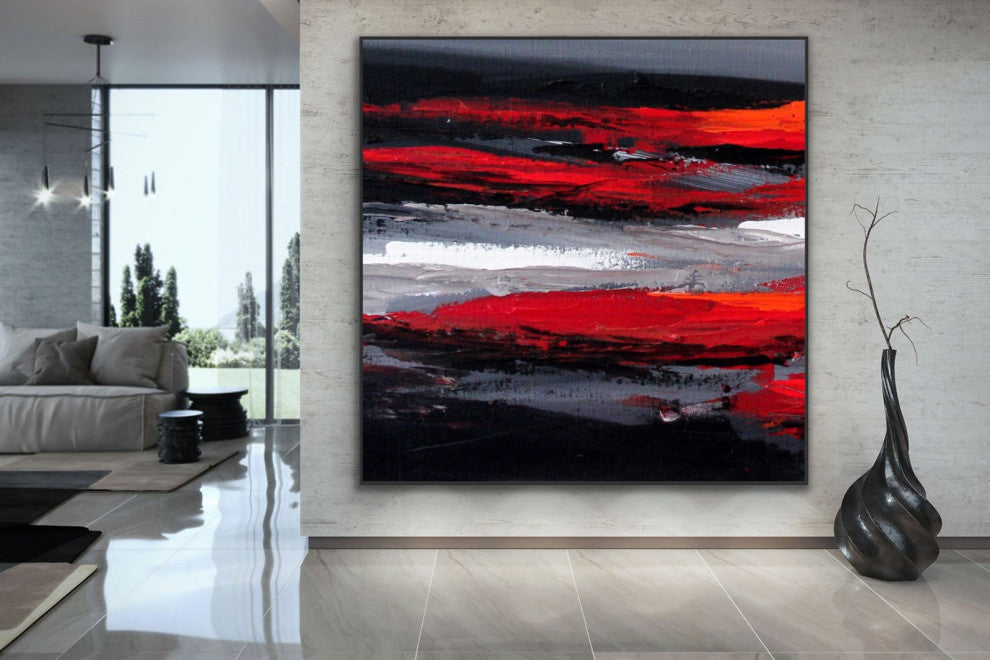 60x60 IN Black red gray abstract Art Large Modern Painting Wall Art Decor