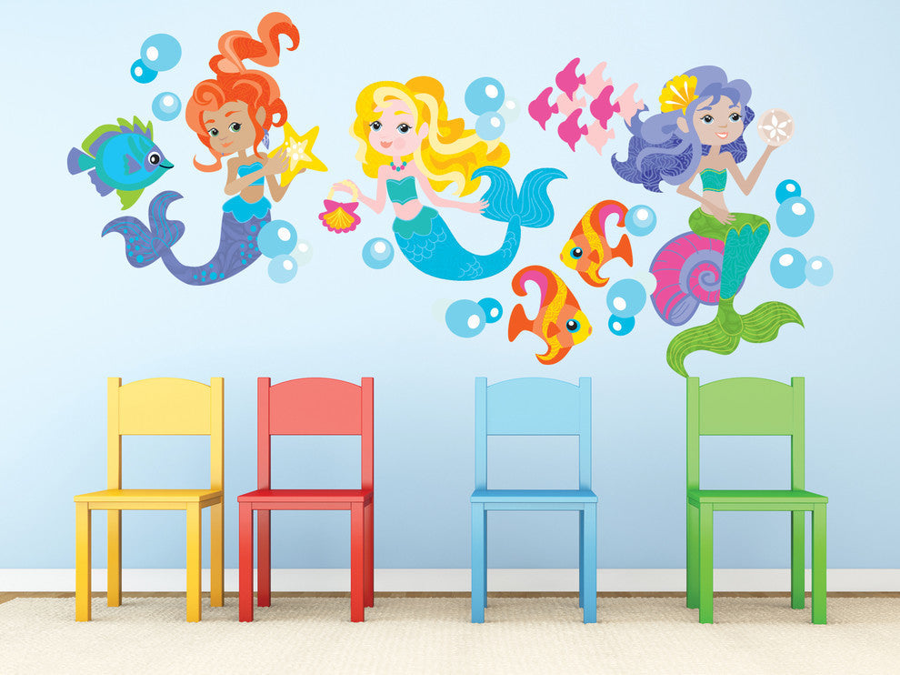 Mermaid Fabric Wall Decals, Set of 3 Beautiful Mermaids, Size Large