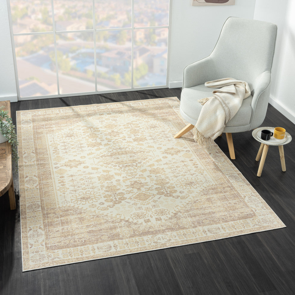 Ayla Beige Traditional Bordered Waterproof Area Rug, 2' X 5'