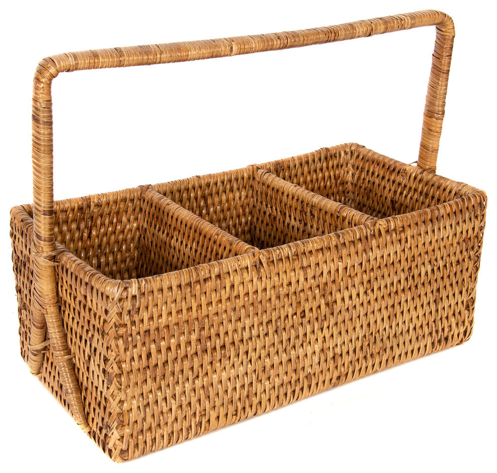 Artifacts Rattan™ 3 Section Caddy/Cutlery Holder with Handle, Honey Brown