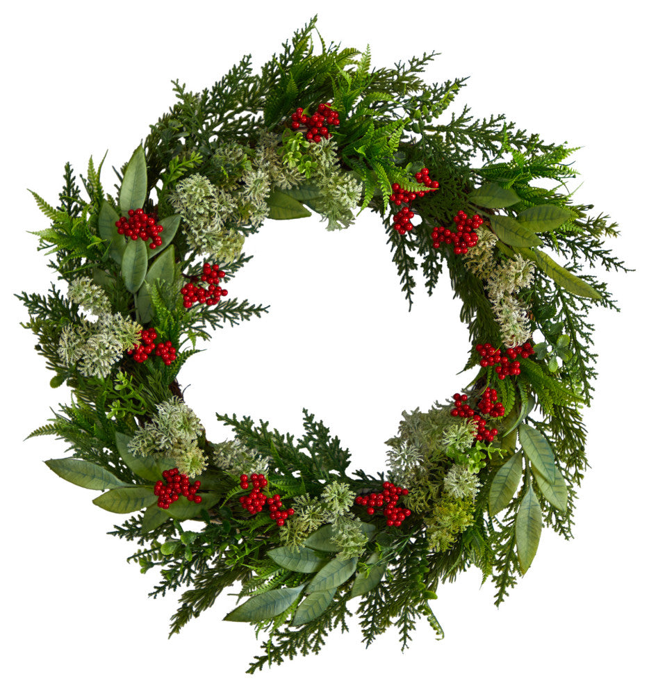 W1273 24 Cedar, Eucalyptus and Berries Artificial Christmas Wreath