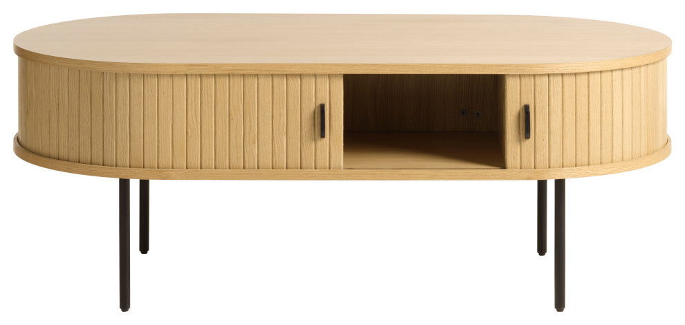 Mid-Century Modern Rounded Sliding Door Coffee Table 47x24, Natural Oak