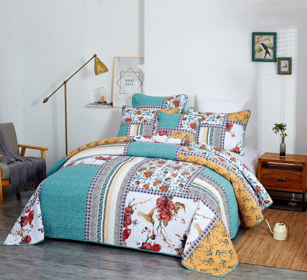 Cotton Pastel Blue Yellow Old World Hummingbirds Garden Patchwork Quilt, King