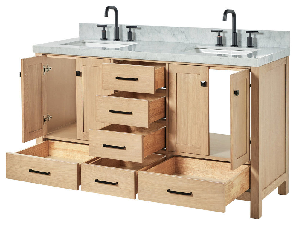 Cambridge 60" Double Bath Vanity With Italian Carrara Marble Top, Oak