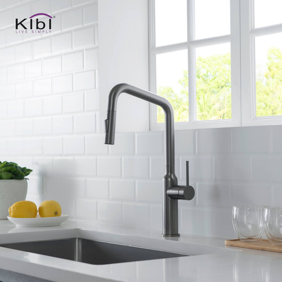 Macon Single Handle Pull Down Kitchen Faucet, Titanium, W/ Soap Dispenser