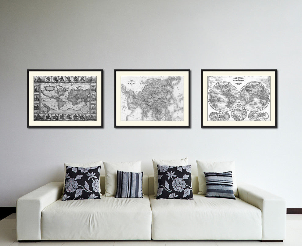 Asia Vintage B&W Map Canvas Print, 28"x37"