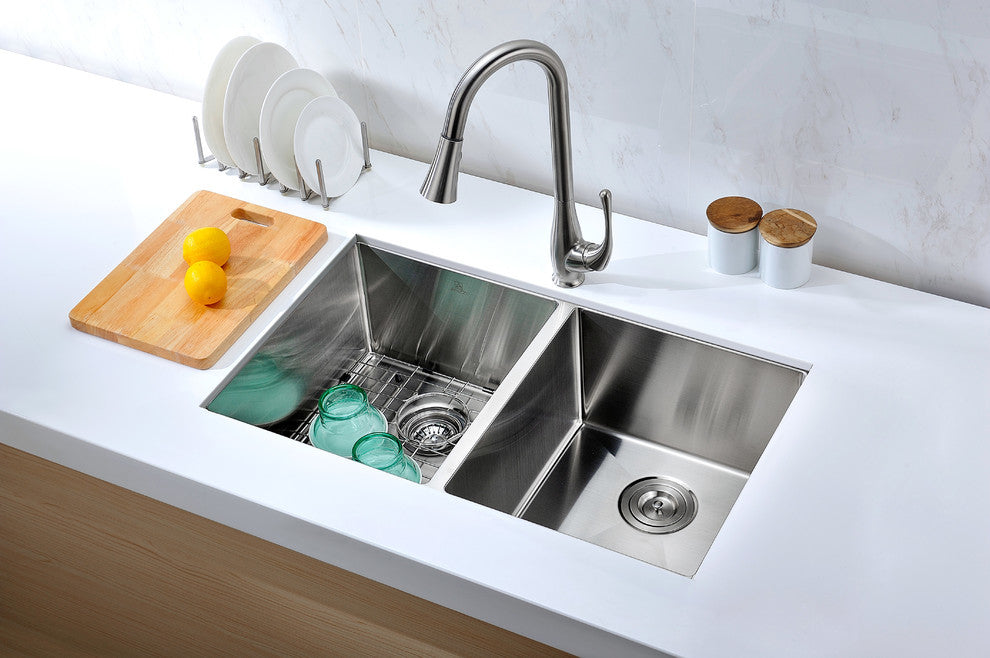 Undermount 32" 0-Hole 50/50 Double Bowl Kitchen Sink,Brushed Satin