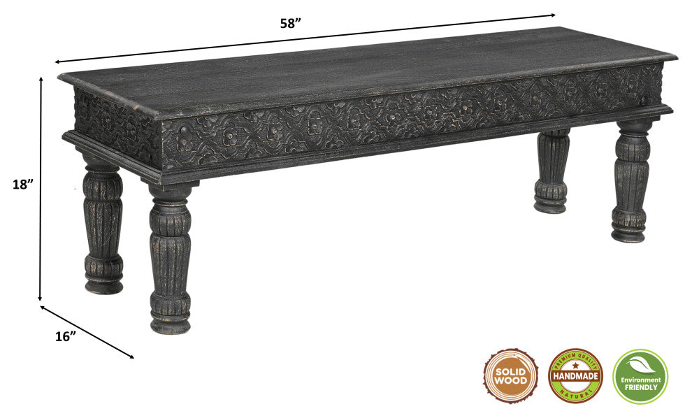 Wiley 58" Carved Dining Bench, Black