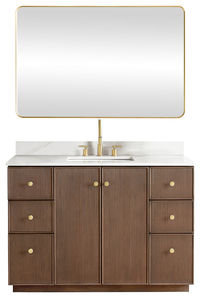 Oza Bath Vanity with Quartz Stone Top, Aged Dark Brown Oak, 48", Single Vanity, With Mirror