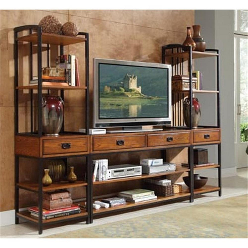Homestyles Modern Craftsman Wood Media Stand in Brown Oak