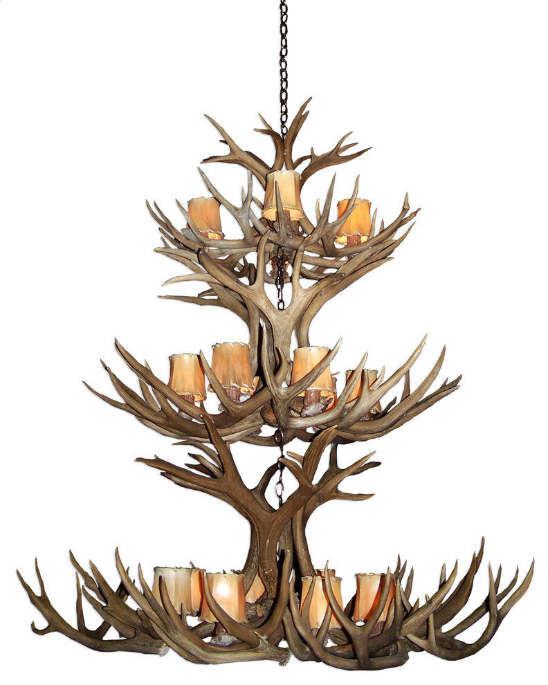 Mule Deer Triple Tier Antler Chandelier Light, Xxl, Rawhide Shades