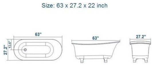 ADM Rounded Freestanding Bathtub, Glossy White, 63"