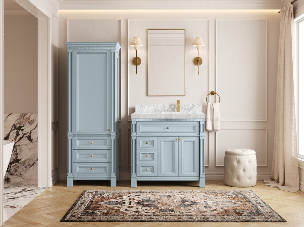 Paris 36" Right Offset Bathroom Vanity, Blue Heather 2" Carrara Marble