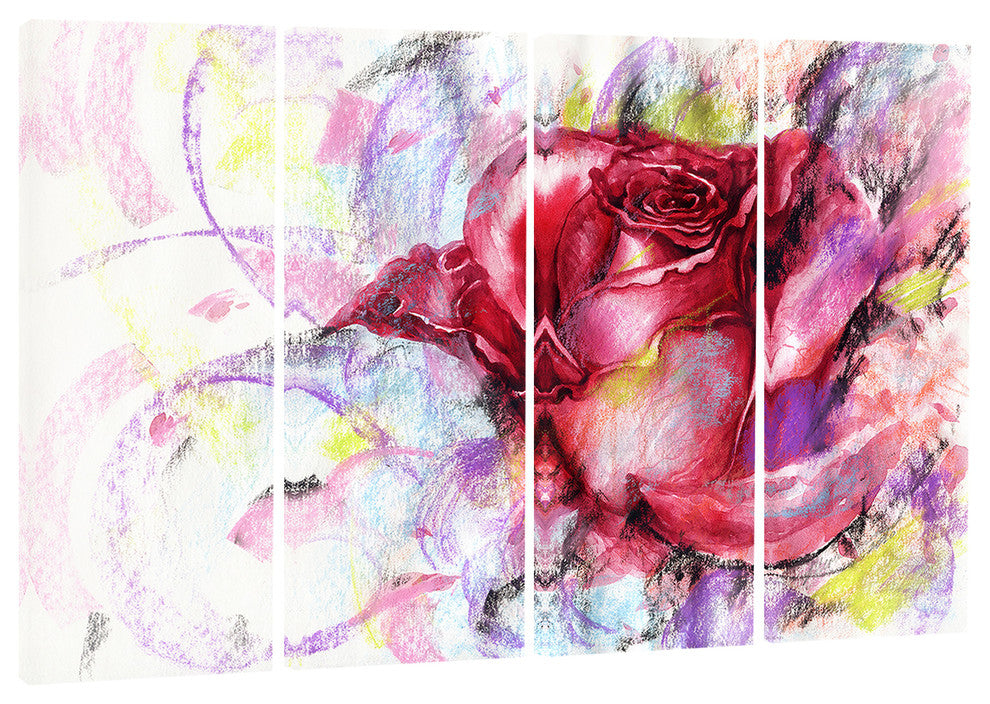"Red Rose Illustration" Digital Floral Canvas Print, 4 Panels, 48"x28"