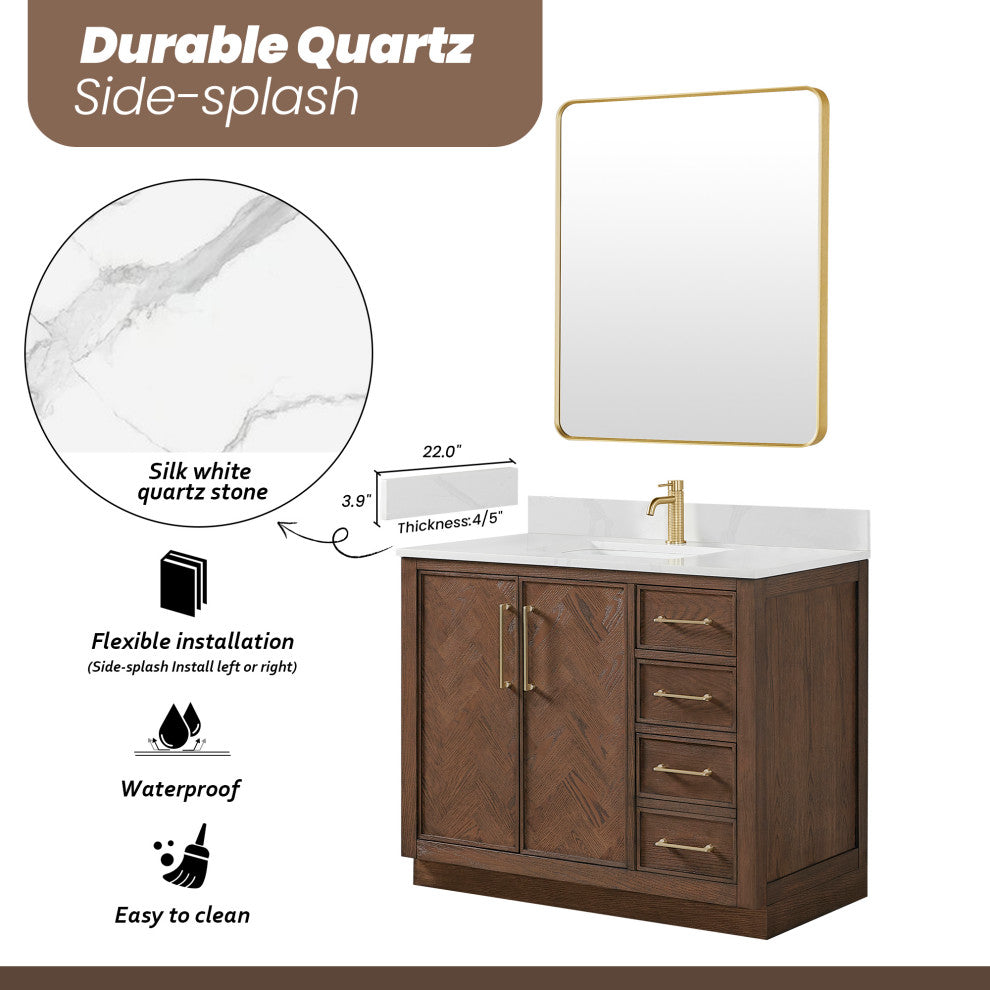Jakarta Bath Vanity, Quartz Top No Mirror, Dark Brown Oak, 42", Single Vanity