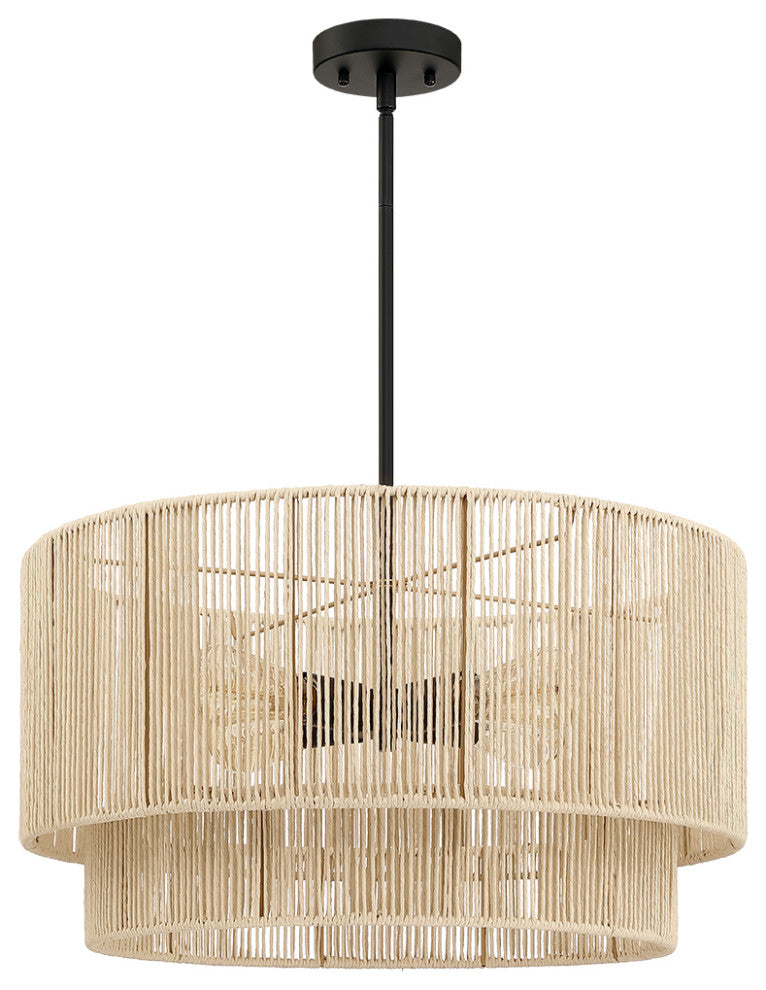22" W 4-Light Rattan Tiered Drum Chandelier Light With Black Canopy, Beige