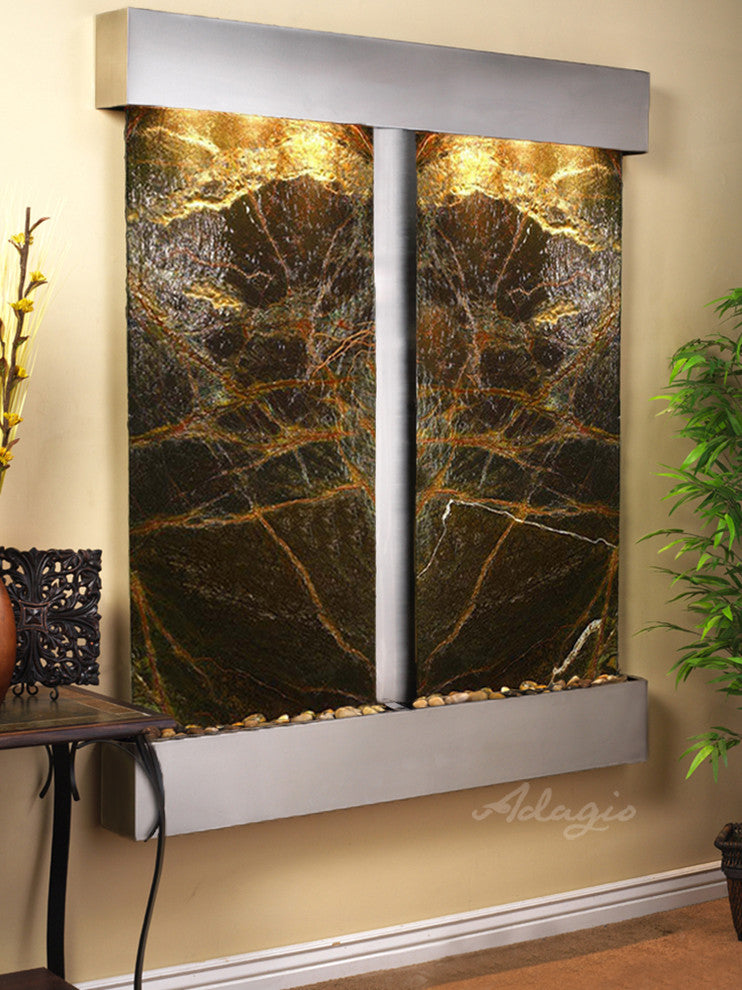 Cottonwood Falls Water Fountain, Green Marble, Stainless Steel, Square