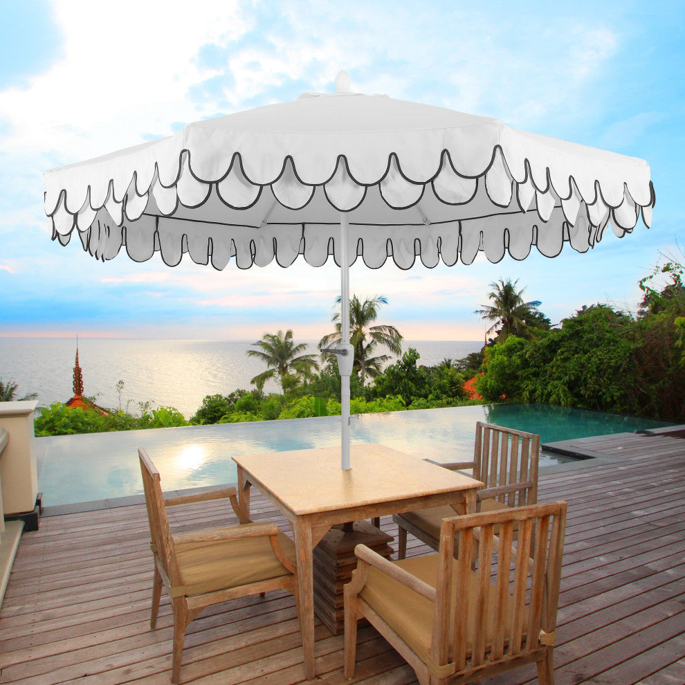 9ft Fringe Patio Umbrella Auto-Tilt, Crank, White, 107L x 107W x 99H