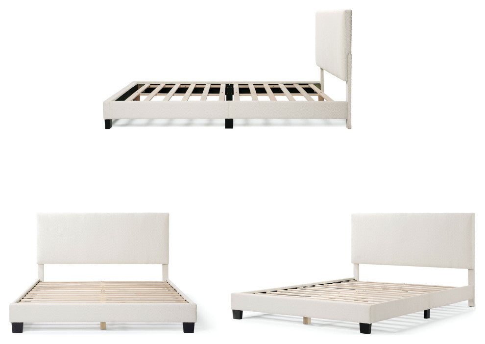 Miles White Boucle Upholstered Wood Frame Platform Bed, Queen, Simple Standard
