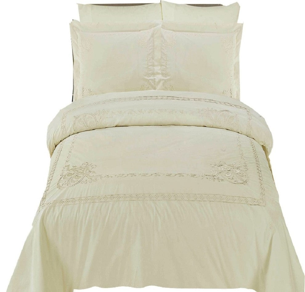 Athena Embroidered 100% Cotton Duvet Cover Set, Ivory and Ivory, Full/Queen