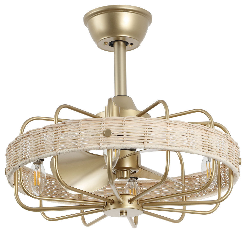 GetLedel 18" Rattan Ceiling Fan With Remote and Light, Gold/Beige