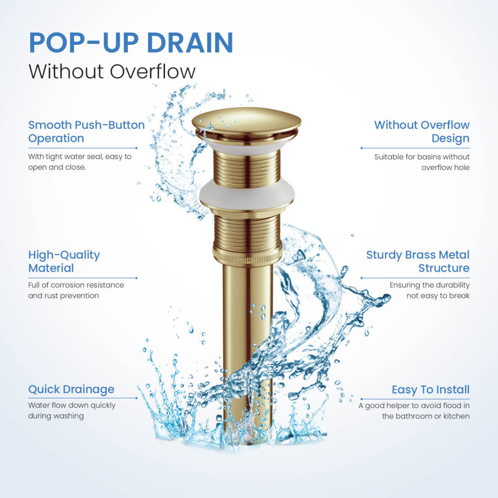 Pop Up Drain Stopper Full Cover Without Overflow, KPW103, Brushed Gold