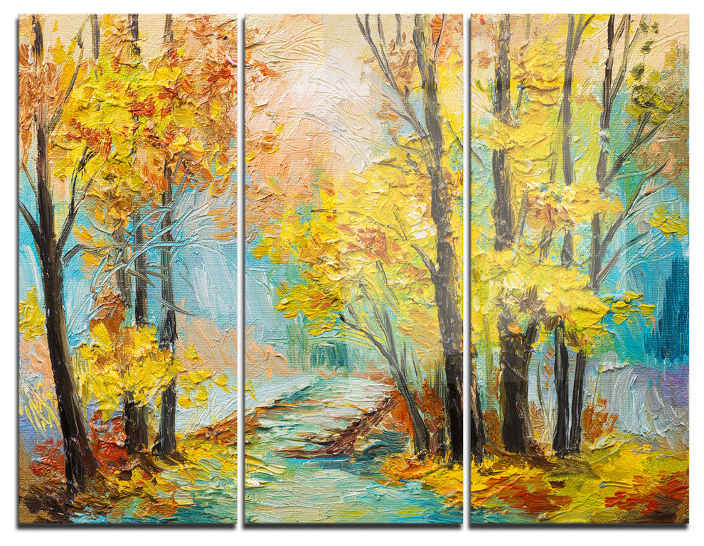"Yellow Falling Forest" Glossy Metal Wall Art, 3 Panels, 36"x28"