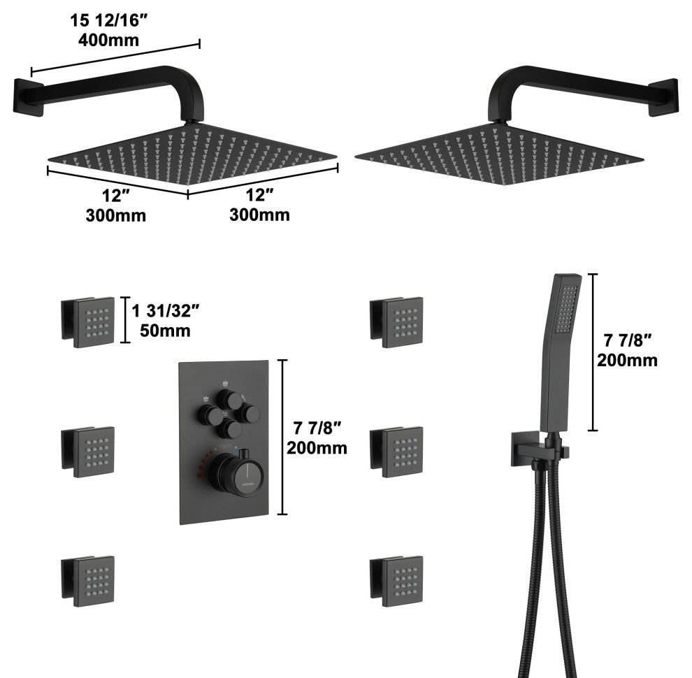12" Dual Heads Shower System with 4 Way Thermostatic Faucet, Matte Black