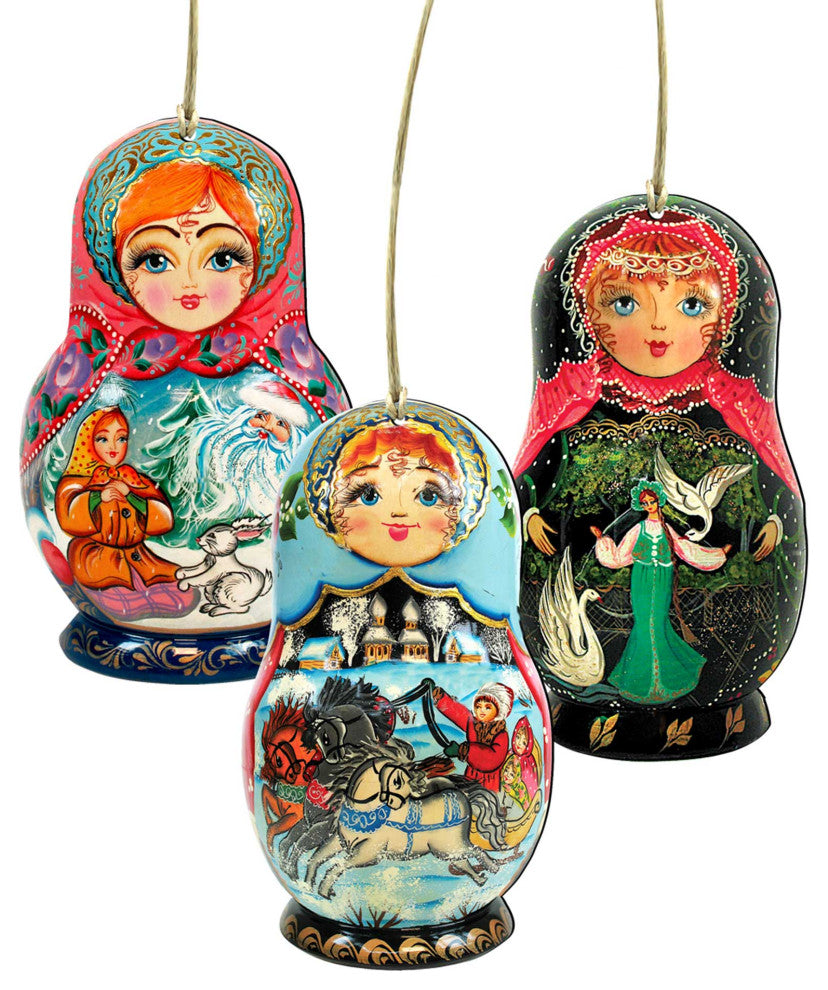 Russian Doll Wooden Ornaments Set of 3