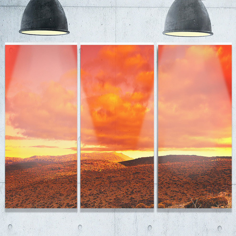"Dramatic Red Sunset at Desert" Metal Wall Landscape, 3 Panels, 36"x28"