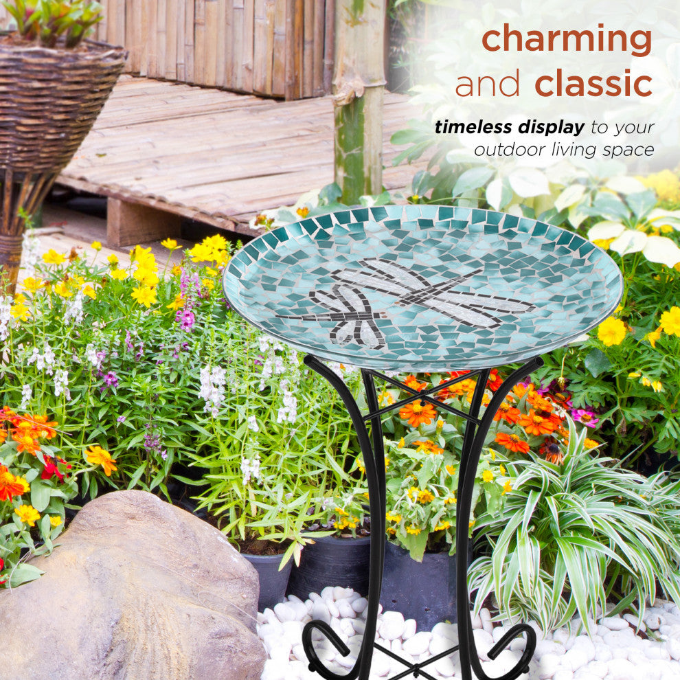 24" Tall Outdoor Mosaic Dragonfly Glass Birdbath Bowl with Metal Stand