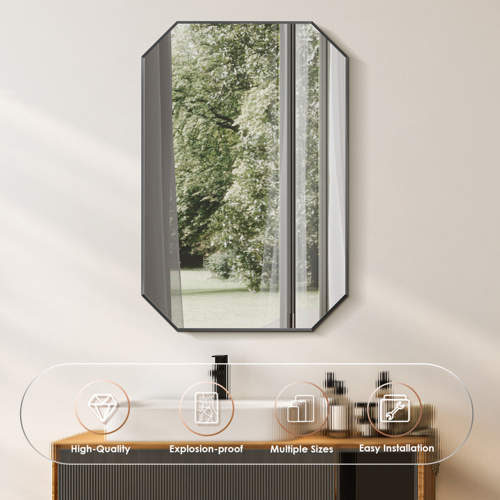 Allure Octagon Framed Bathroom Wall Mirror, Matte Black, 24"