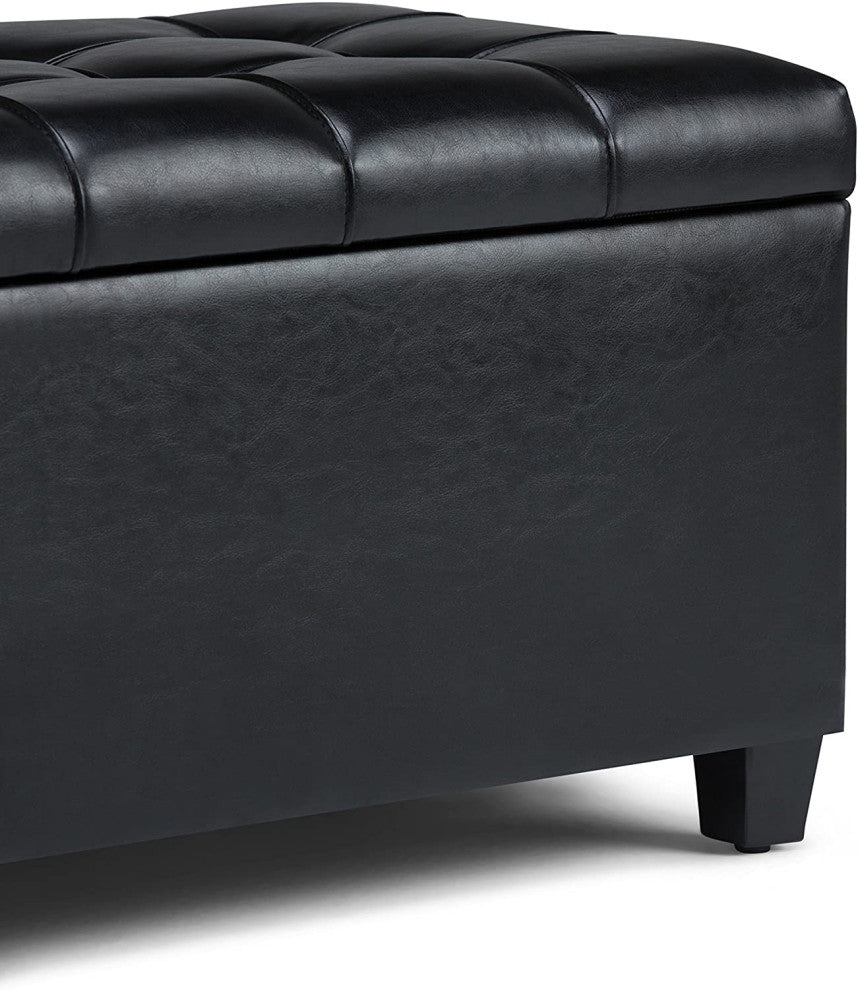 Rectangle Lift Top Storage Ottoman Bench in Midnight Black Tufted Faux Leather