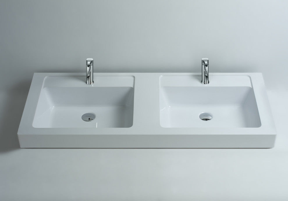 ADM Double Rectangular Stone Resin Countertop Sink, White, 47", Glossy White