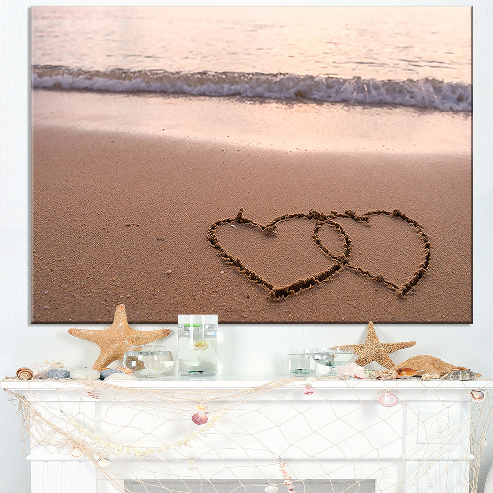 "Two Hearts Drawn on The Beach" Seascape Art Canvas, 1 Panel, 60"x28"