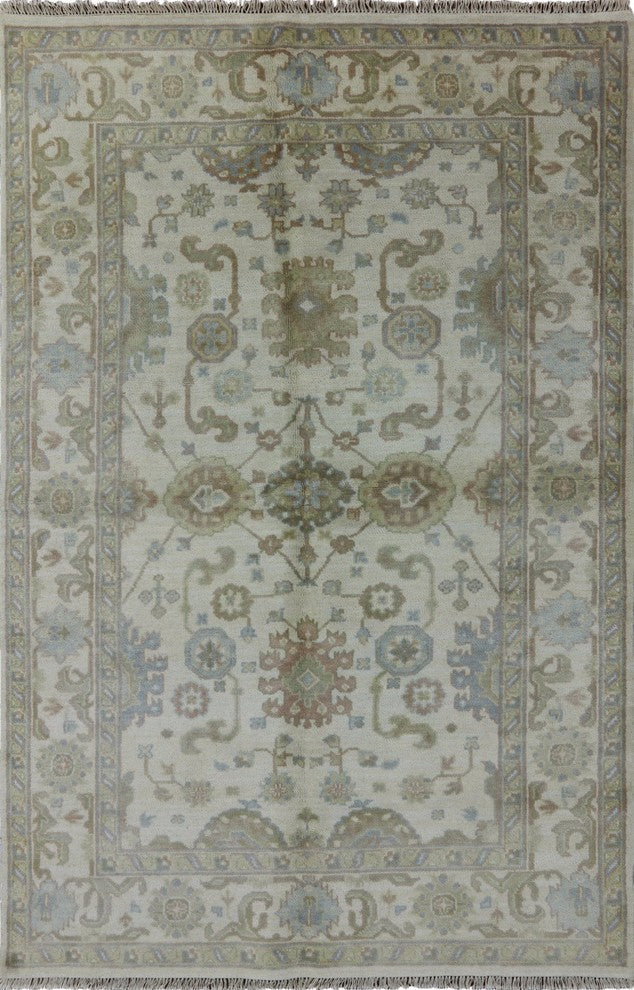 Unique Hand Knotted 6'x9' Floral Oushak Oriental Ivory Wool Area Rug