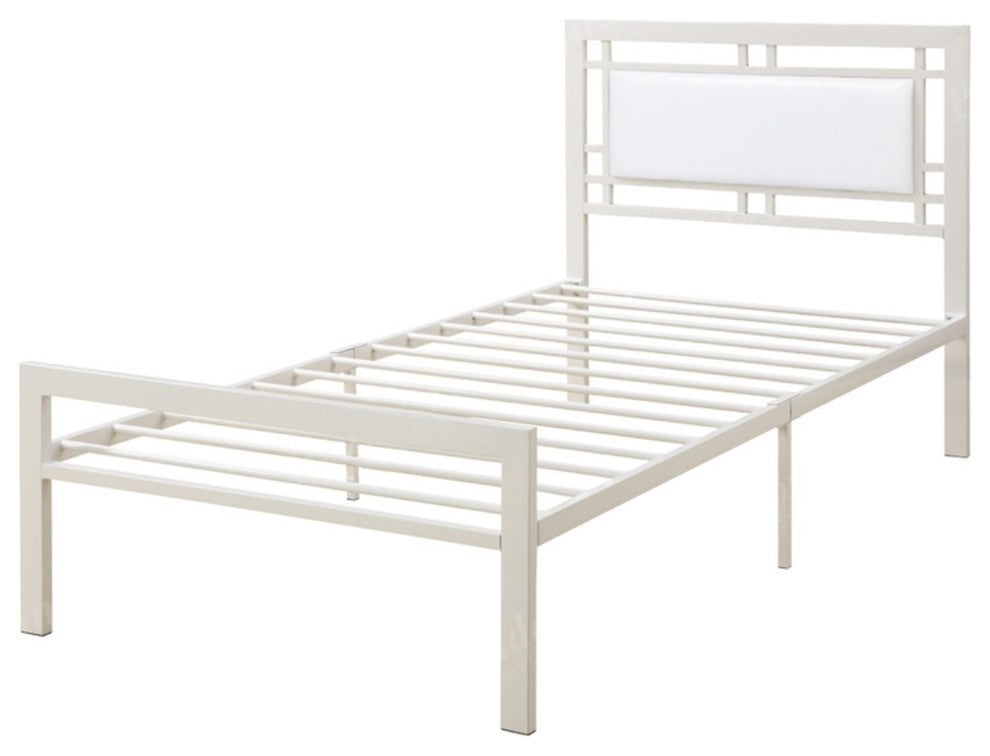 Benzara BM171745 Metal Frame Twin Bed With Leather Upholstered Headboard, White